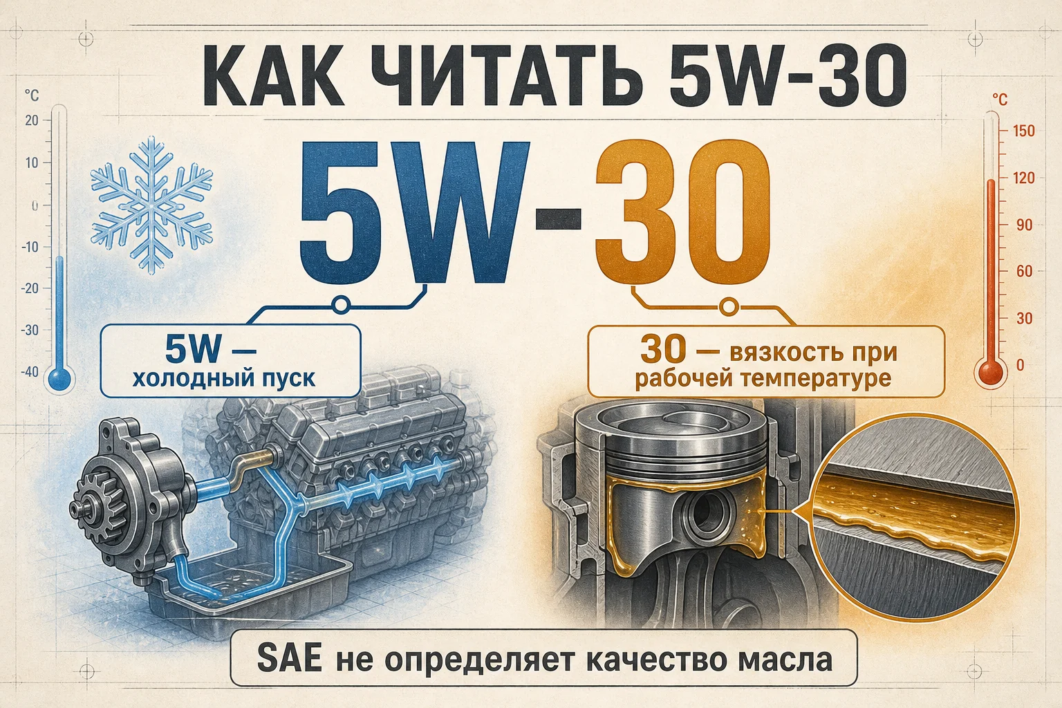 Расшифровка маркировки моторного масла 5W-30: холодный пуск и рабочая температура