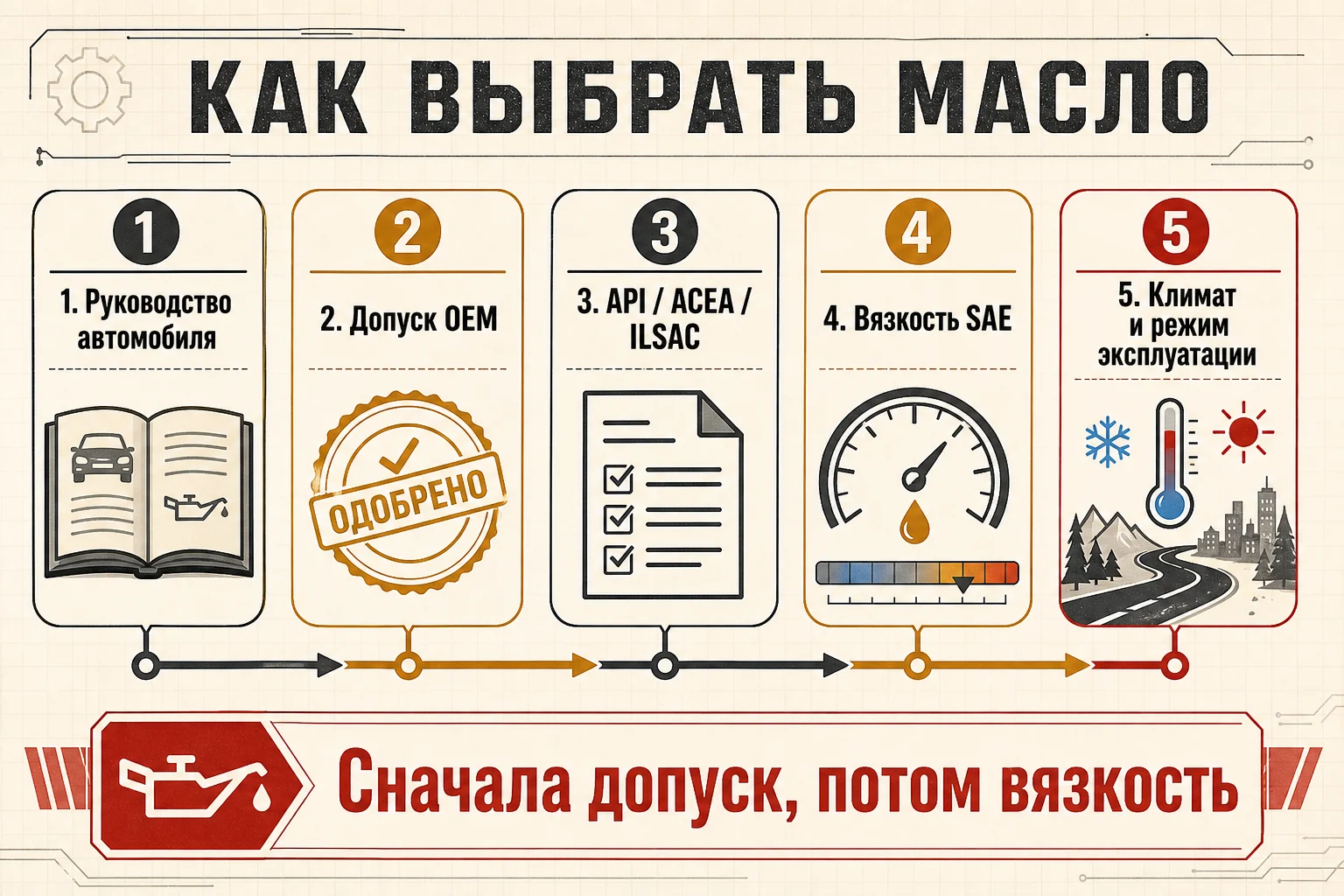 Порядок выбора моторного масла по инструкции, допуску, вязкости и климату