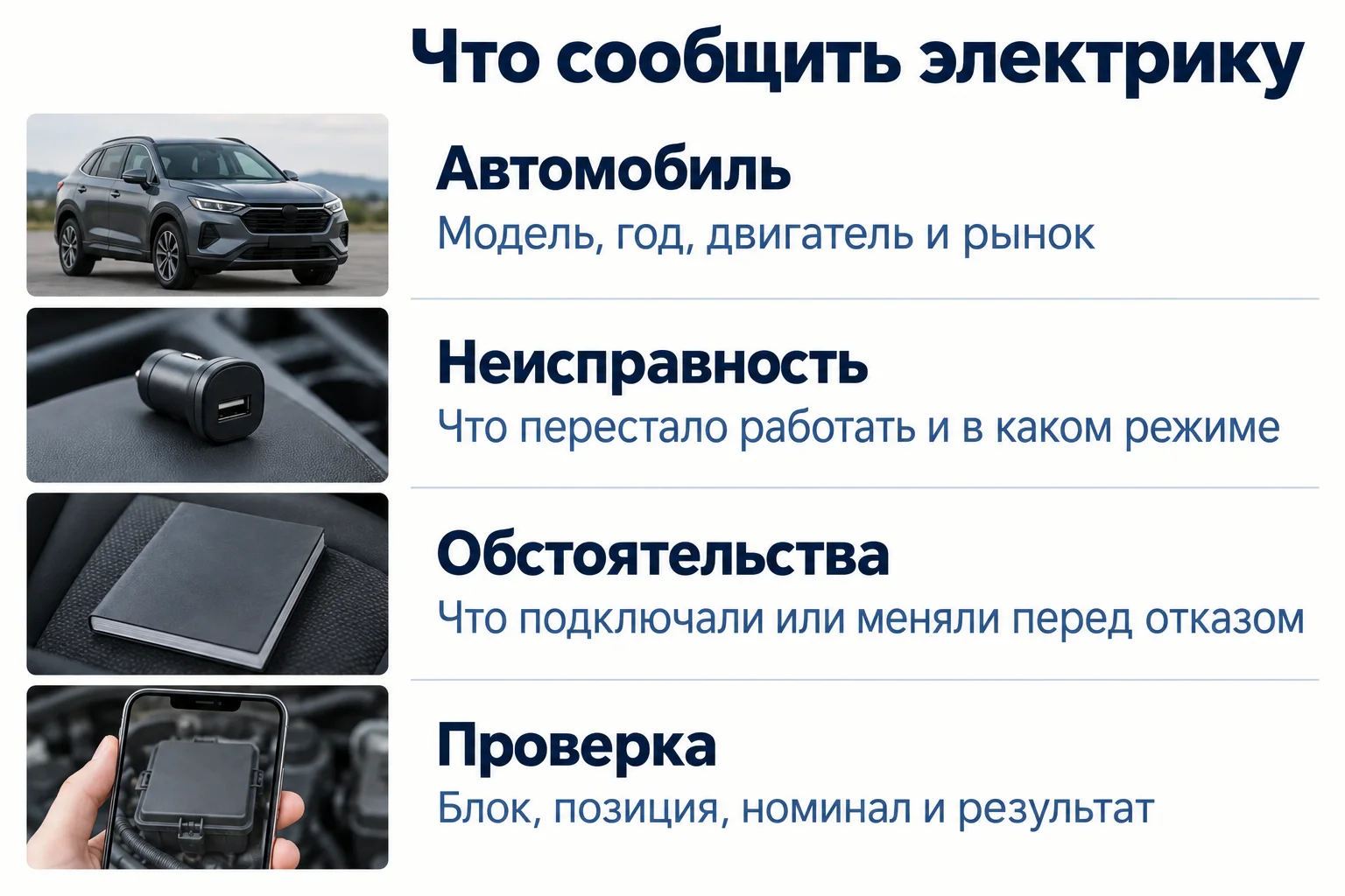 Какие сведения передать электрику: автомобиль, неисправность, обстоятельства и результат проверки
