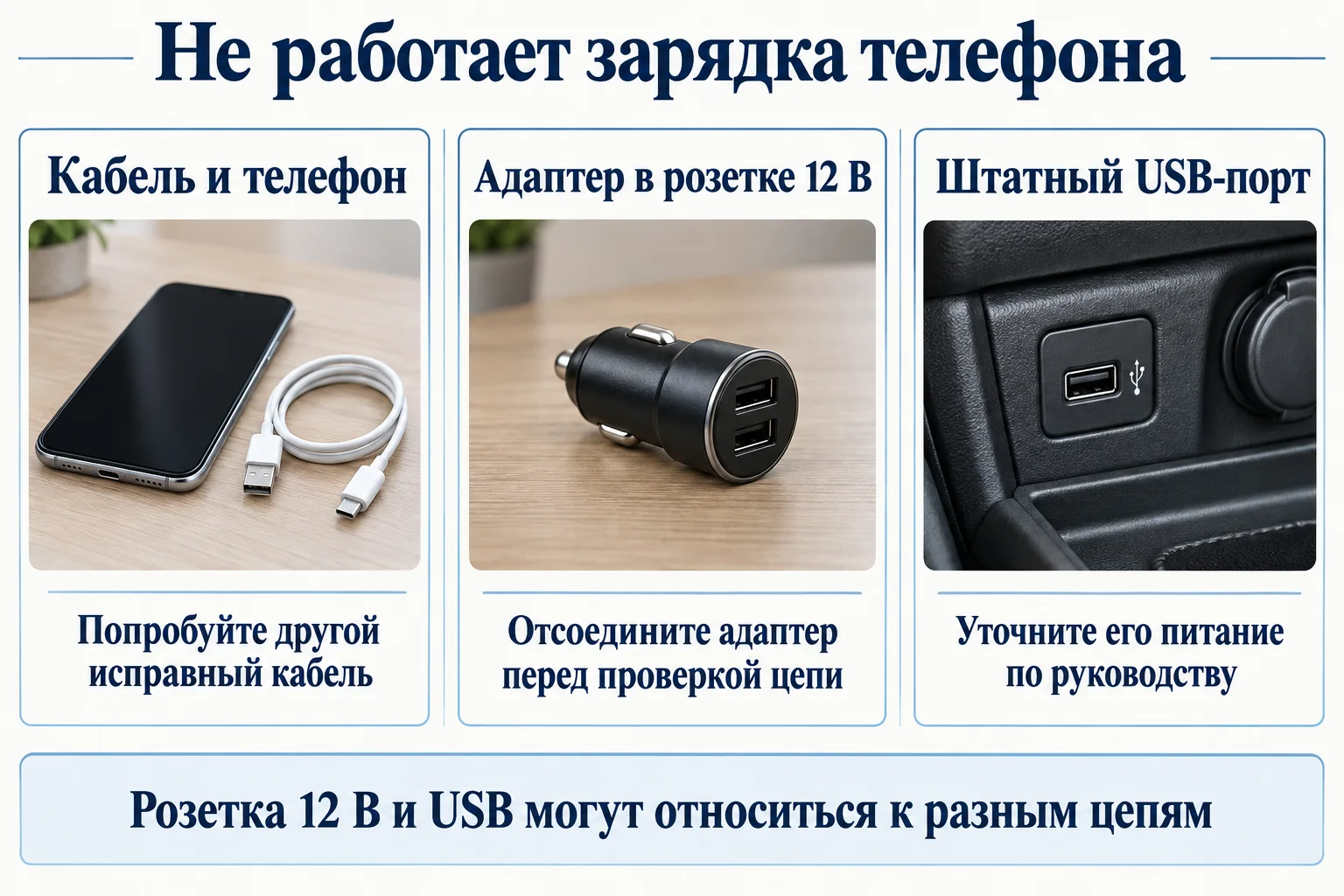 Проверка кабеля телефона, адаптера розетки 12 В и штатного USB-порта