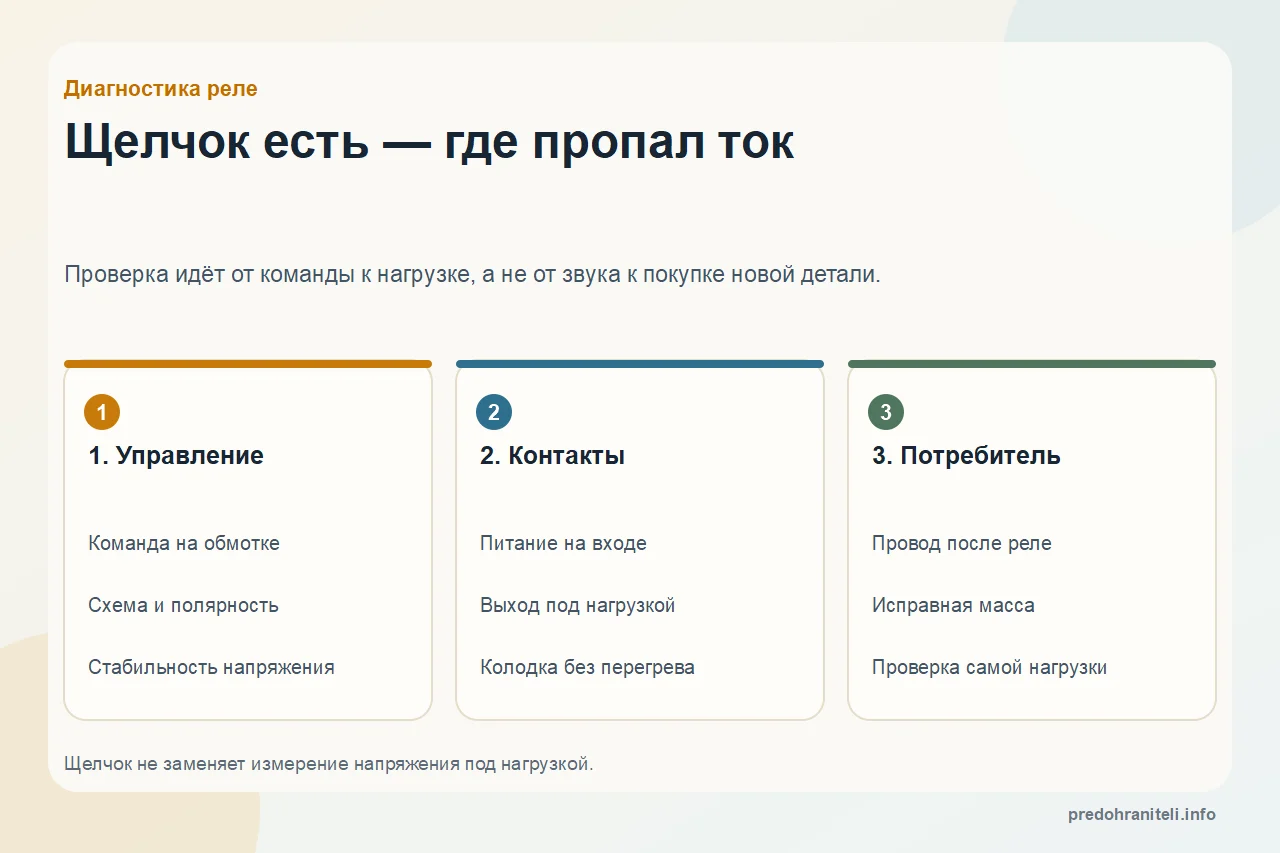 Реле щёлкает, но цепь не работает: где искать неисправность