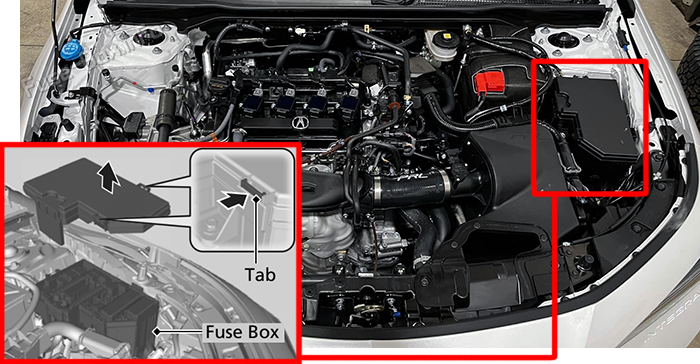 Location of the fuses in the engine compartment: Acura Integra (2023-2026)