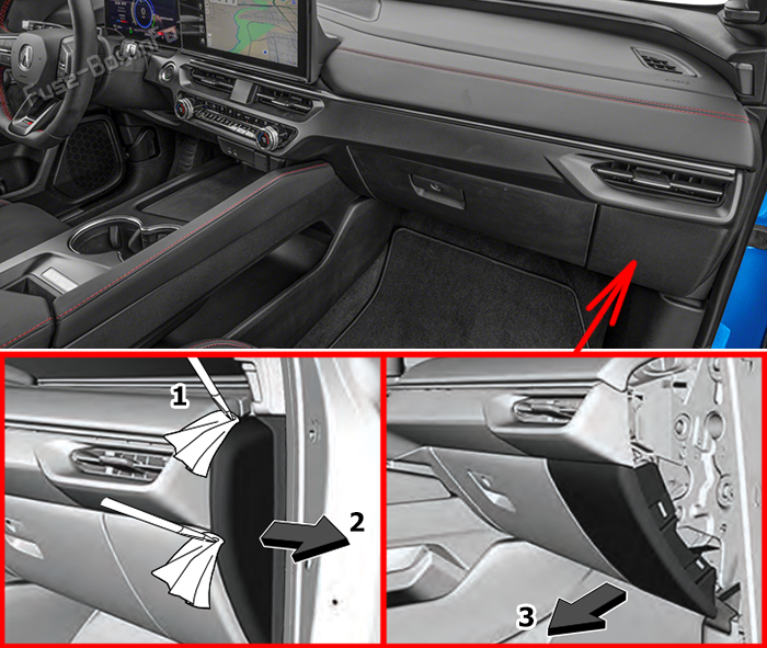 Location of the fuses in the passenger compartment: Acura ZDX (2024-2025)