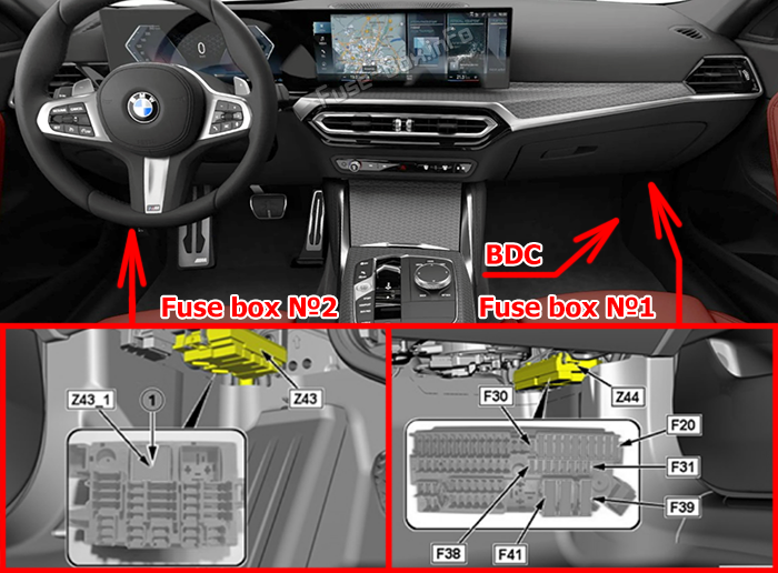 Location of the fuses in the passenger compartment: BMW 2-Series (G42/G87; 2022-2025)