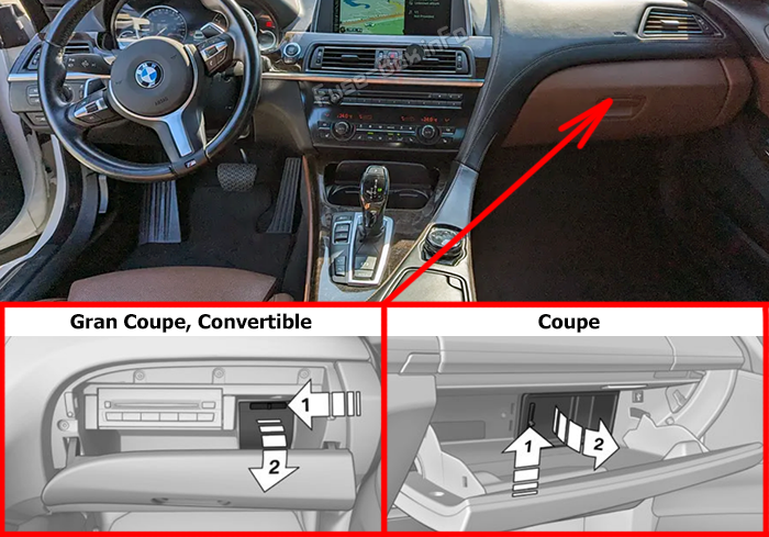 Location of the fuses in the passenger compartment: BMW 6-Series (F06/F12/F13; 2011-2018)