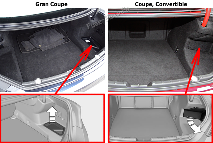 Location of the fuses in the trunk: BMW 6-Series (F06/F12/F13; 2011-2018)