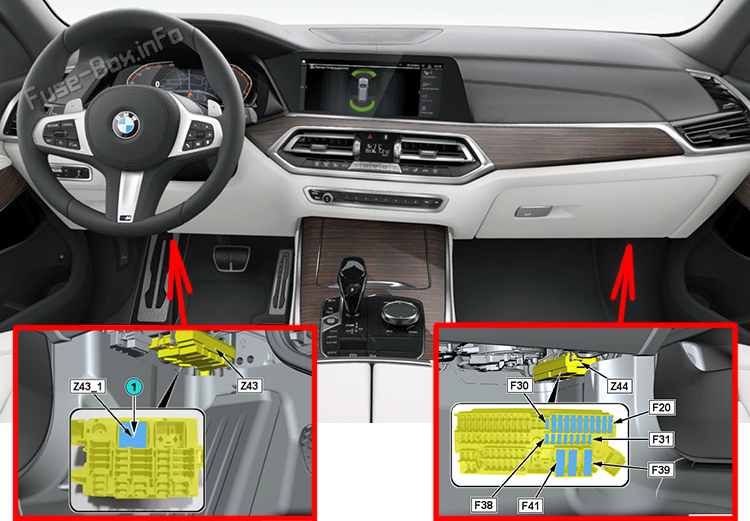 The location of the fuses in the passenger compartment: BMW X5 (G05; 2019, 2020, 2021, 2022)