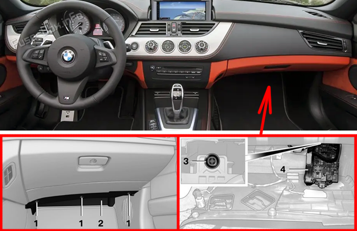 Location of the fuses in the passenger compartment: BMW Z4 (E89; 2009-2016)