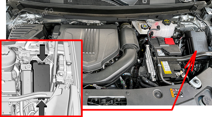 Location of the fuses in the engine compartment: Buick Enclave (2025-2026)