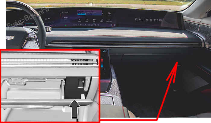 Location of the fuses in the passenger compartment: Cadillac Celestiq (2025-2026)