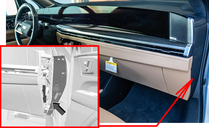 Location of the fuses in the passenger compartment: Cadillac Escalade IQ (2025-2026)