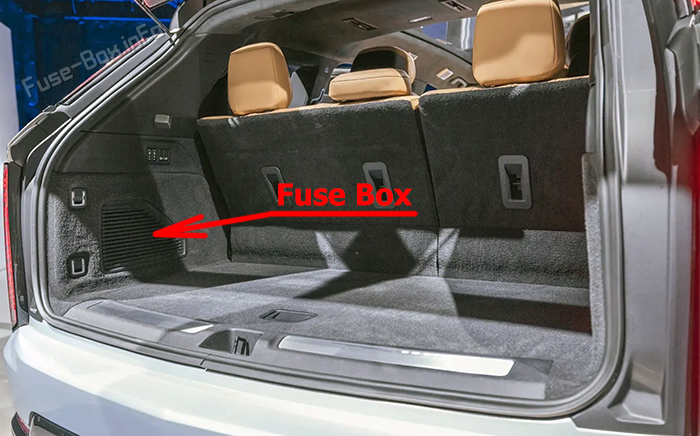 Location of the fuses in the trunk: Cadillac Escalade IQ (2025-2026)