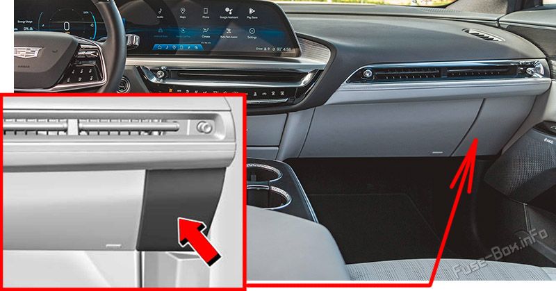 Location of the fuses in the passenger compartment: Cadillac Lyriq (2023, 2024...)