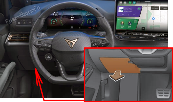 Расположение предохранителей в салоне (левый руль): Cupra Born (2022-2025)