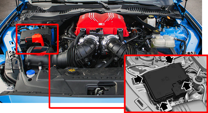 Location of the fuses in the engine compartment: Ford Mustang (2024-2026)