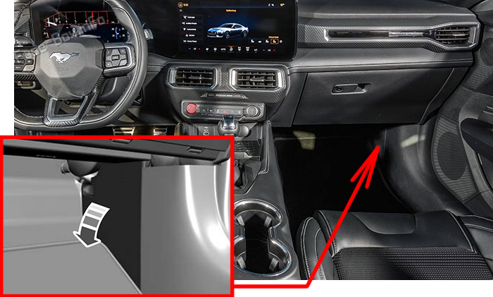 Location of the fuses in the passenger compartment: Ford Mustang (2024-2026)
