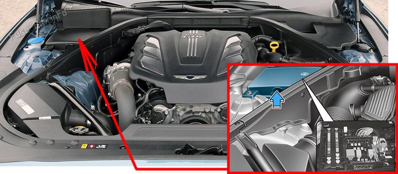 Расположение предохранителей в моторном отсеке: Genesis G80 (2017, 2018, 2019, 2020)