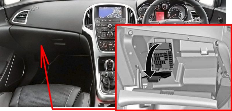 Location of the fuses in the passenger compartment: Holden Astra (PJ; 2015, 2016, 2017)