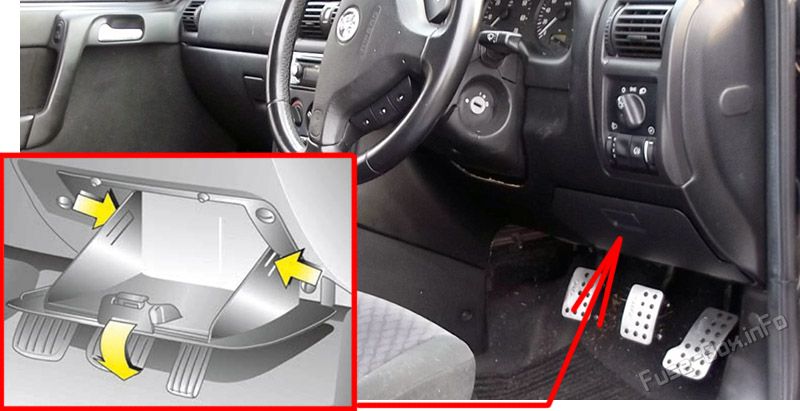 Location of the fuses in the passenger compartment: Holden Astra (TS; 1998-2005)