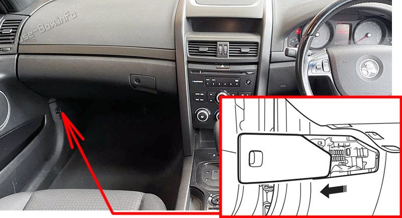 Location of the fuses in the passenger compartment: Holden Commodore VE (2006-2013)