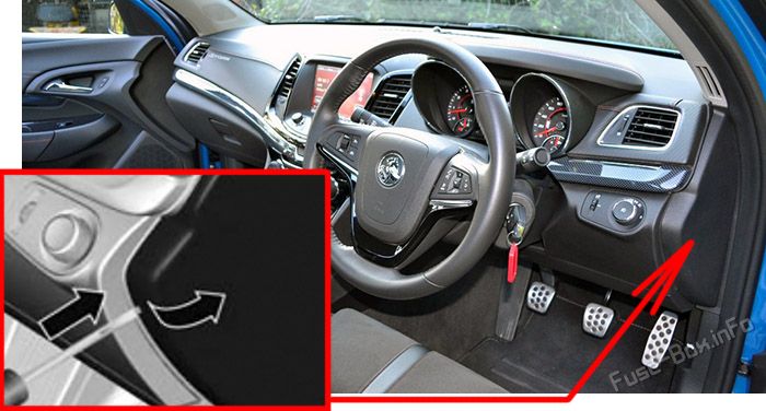 Location of the fuses in the passenger compartment: Holden Commodore VF (2013-2017)