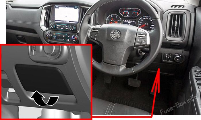 Location of the fuses in the passenger compartment: Holden Trailblazer (RG; 2017-2020)
