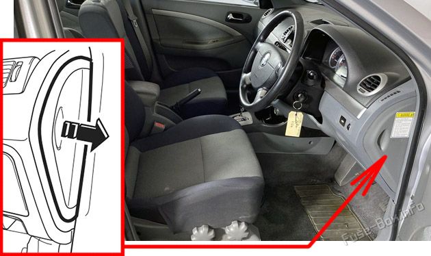 Location of the fuses in the passenger compartment: Holden Viva (2005-2008)