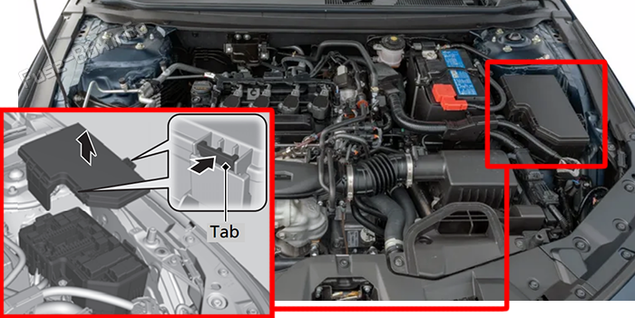 Location of the fuses in the engine compartment: Honda Accord (2023-2026)