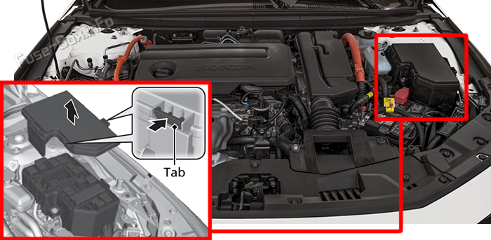 Location of the fuses in the engine compartment: Honda Accord Hybrid (2023-2026)