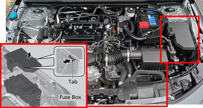 Location of the fuses in the engine compartment: Honda Civic (2022-2026)