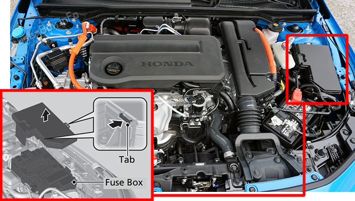 Location of the fuses in the engine compartment: Honda Civic Hybrid (2025-2026)