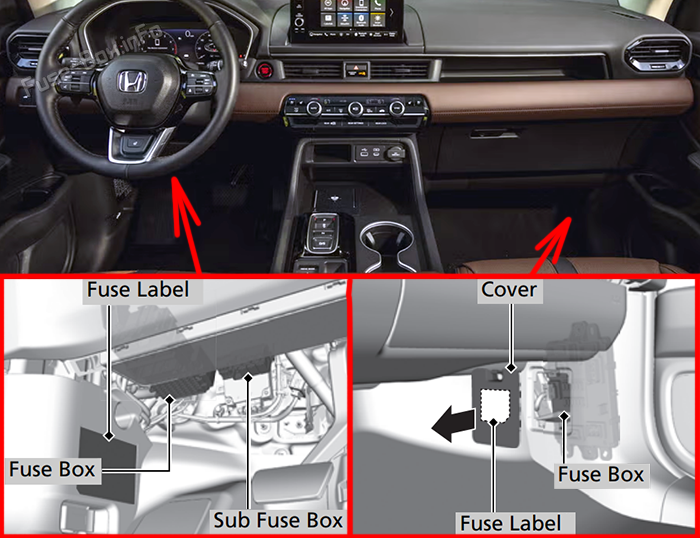 Location of the fuses in the passenger compartment: Honda Pilot (2023-2026)