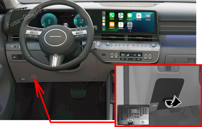 Location of the fuses in the passenger compartment: Hyundai Kona (2024-2026)