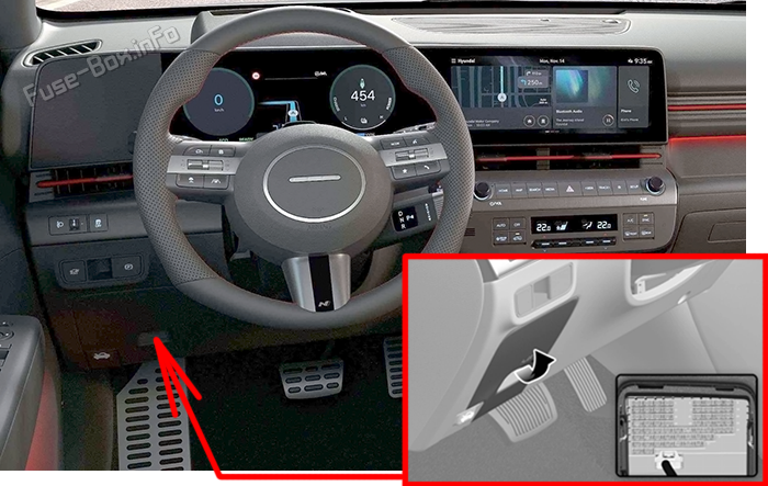 Location of the fuses in the passenger compartment: Hyundai Kona EV (2024-2025)