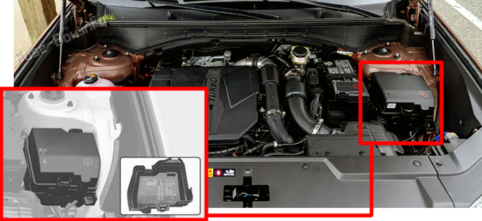 Location of the fuses in the engine compartment: Hyundai Santa Fe (2024-2026)