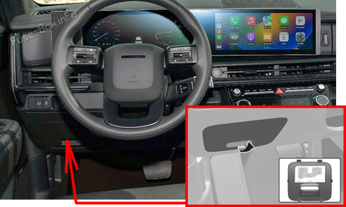 Location of the fuses in the passenger compartment: Hyundai Santa Fe (2024-2026)