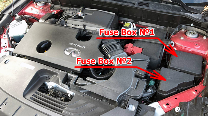 Location of the fuses in the engine compartment: Infiniti QX50 (J55; 2019-2022)