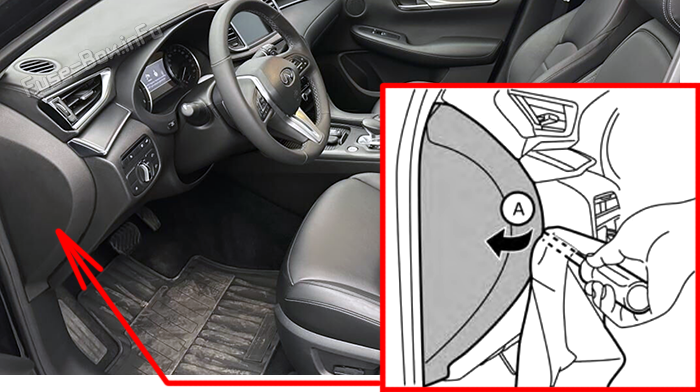 Location of the fuses in the passenger compartment: Infiniti QX50 (J55; 2019-2022)