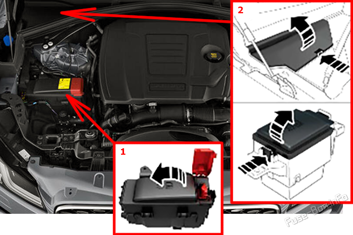 Location of the fuses in the engine compartment: Jaguar F-Pace (X761; 2021-2026)