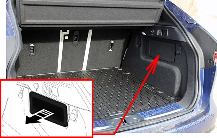 Location of the fuses in the trunk: Jaguar F-Pace (X761; 2021-2026)