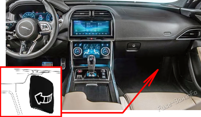 Location of the fuses in the passenger compartment: Jaguar XE (X760; 2021-2024)