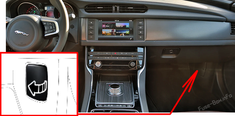 Location of the fuses in the passenger compartment: Jaguar XF (2016-2020)