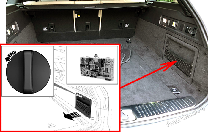 Location of the fuses in the trunk: Jaguar XF Sportbrake (X260; 2021-2024)