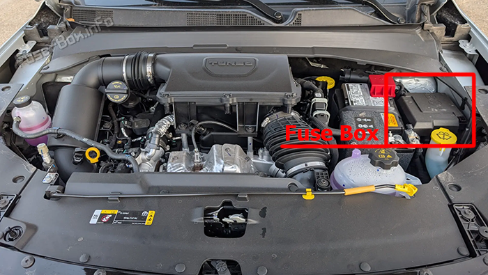 Location of the fuses in the engine compartment: Jeep Compass (2022-2026)