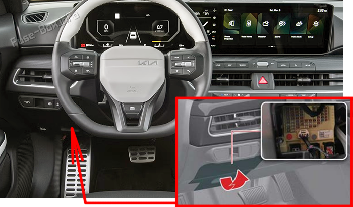 Location of the fuses in the passenger compartment: KIA K4 (2025-2026)