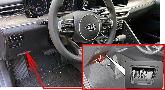 Location of the fuses in the passenger compartment: KIA K5 (2021, 2022, 2023)