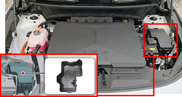 Location of the fuses in the motor compartment: KIA Niro EV (2023-2025)