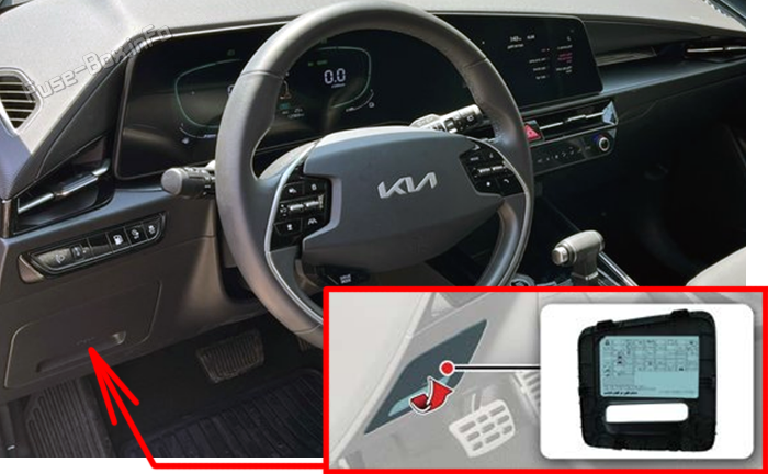 Location of the fuses in the passenger compartment: KIA Niro HEV/PHEV (2023-2025)