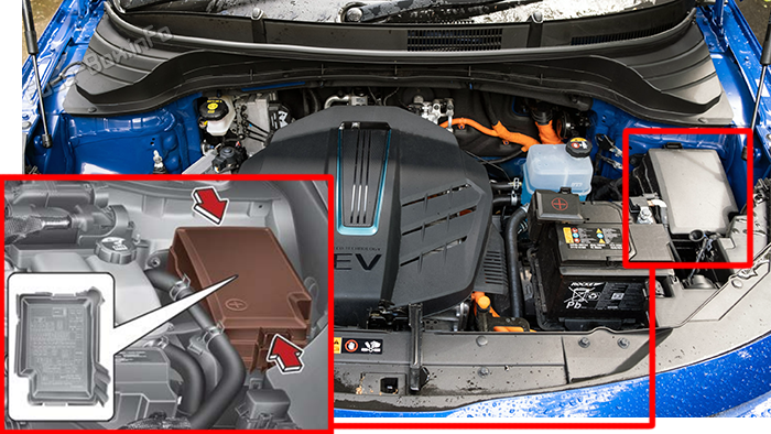 Location of the fuses in the motor compartment: KIA Soul EV (2020-2023)