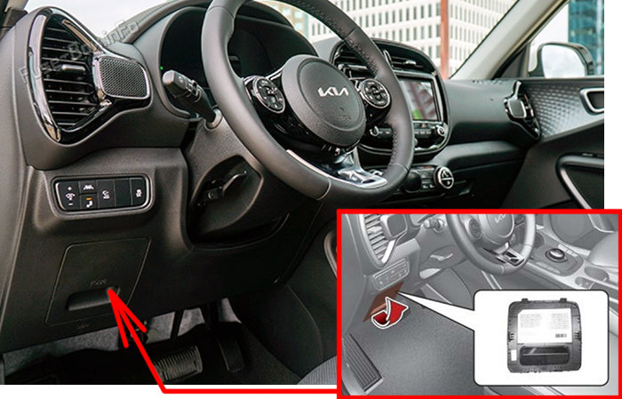 Location of the fuses in the passenger compartment: KIA Soul EV (2020-2023)